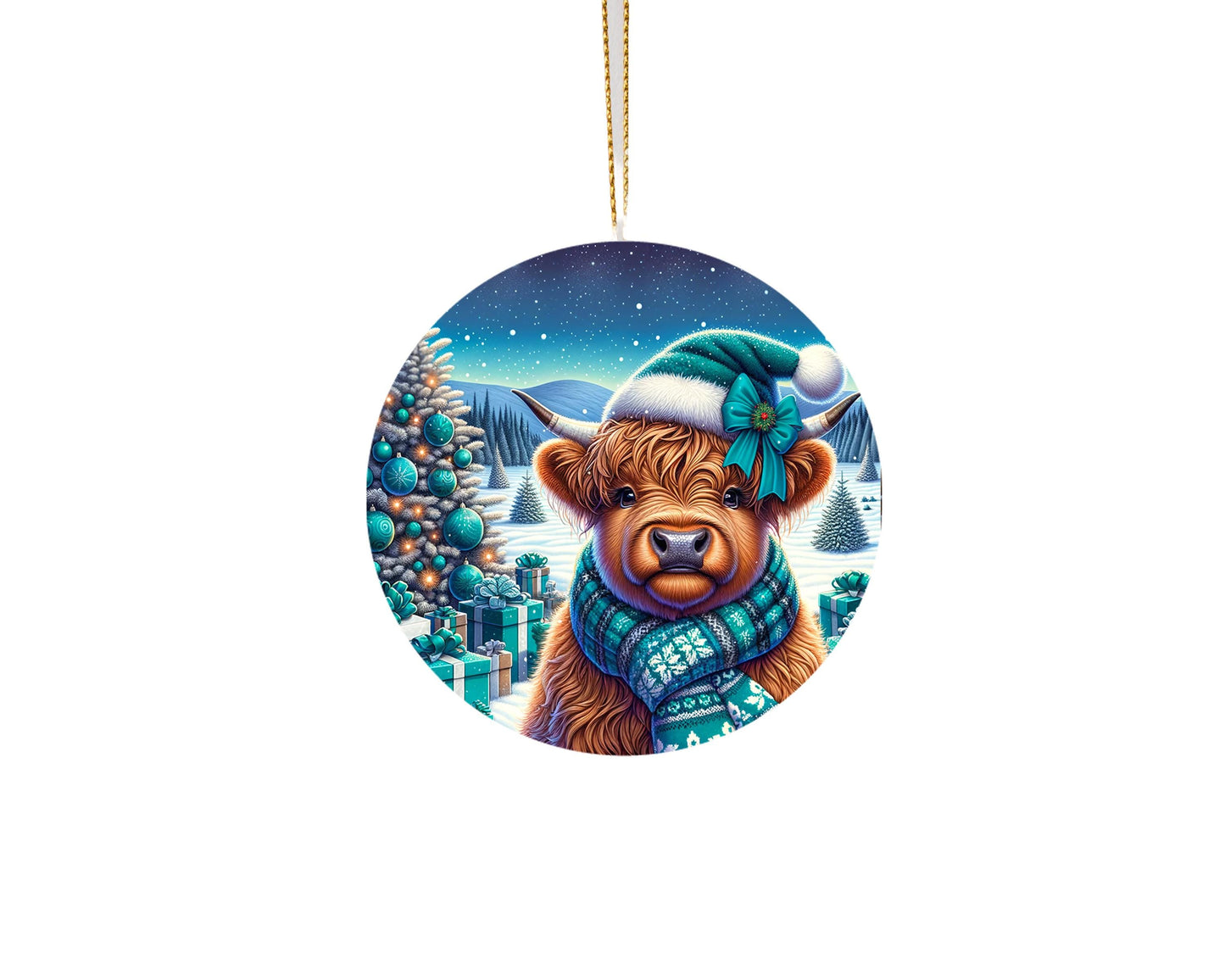 New Release,  Teal Winter Highland Cow Christmas Ornament, Ceramic Christmas Ornament, Christmas Decorations