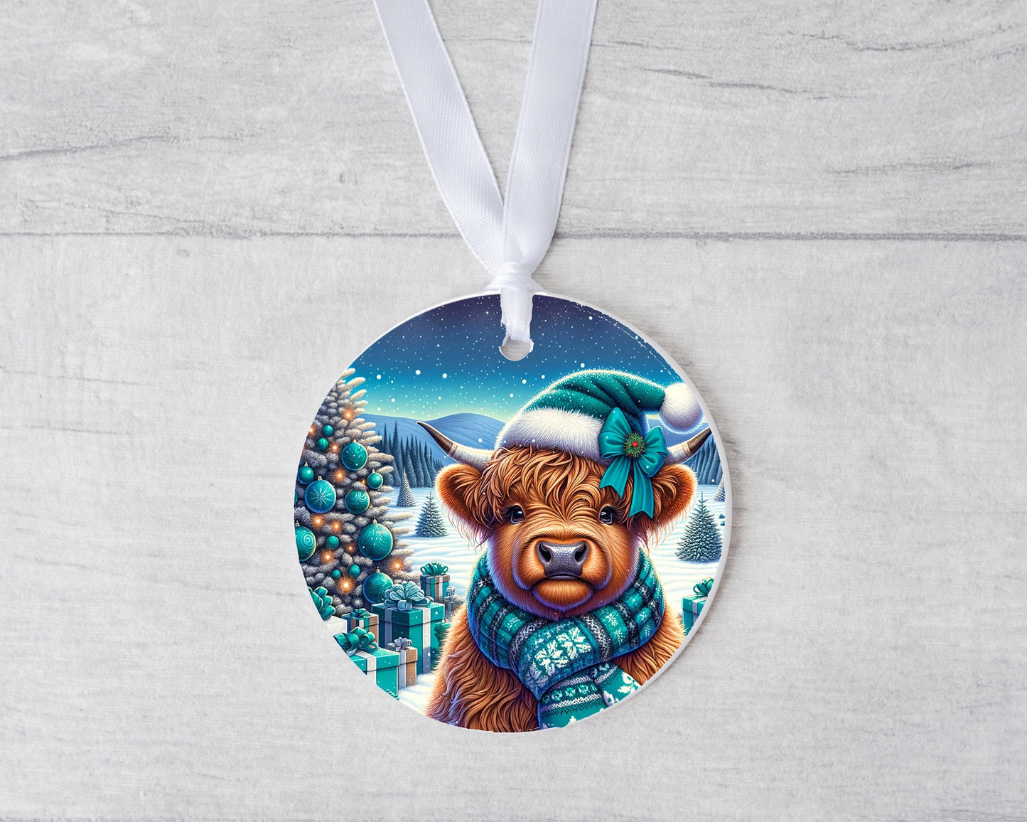 New Release,  Teal Winter Highland Cow Christmas Ornament, Ceramic Christmas Ornament, Christmas Decorations