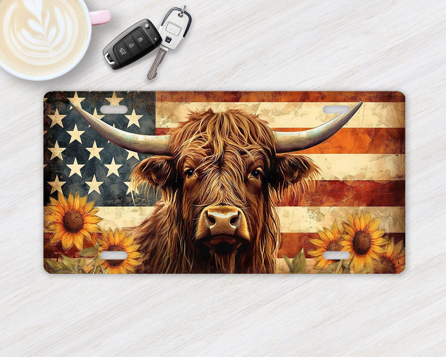 American Flag Highland Cow Vanity Front License Plate,  Aluminum License Plate Car Accessory Decorative Front Plate