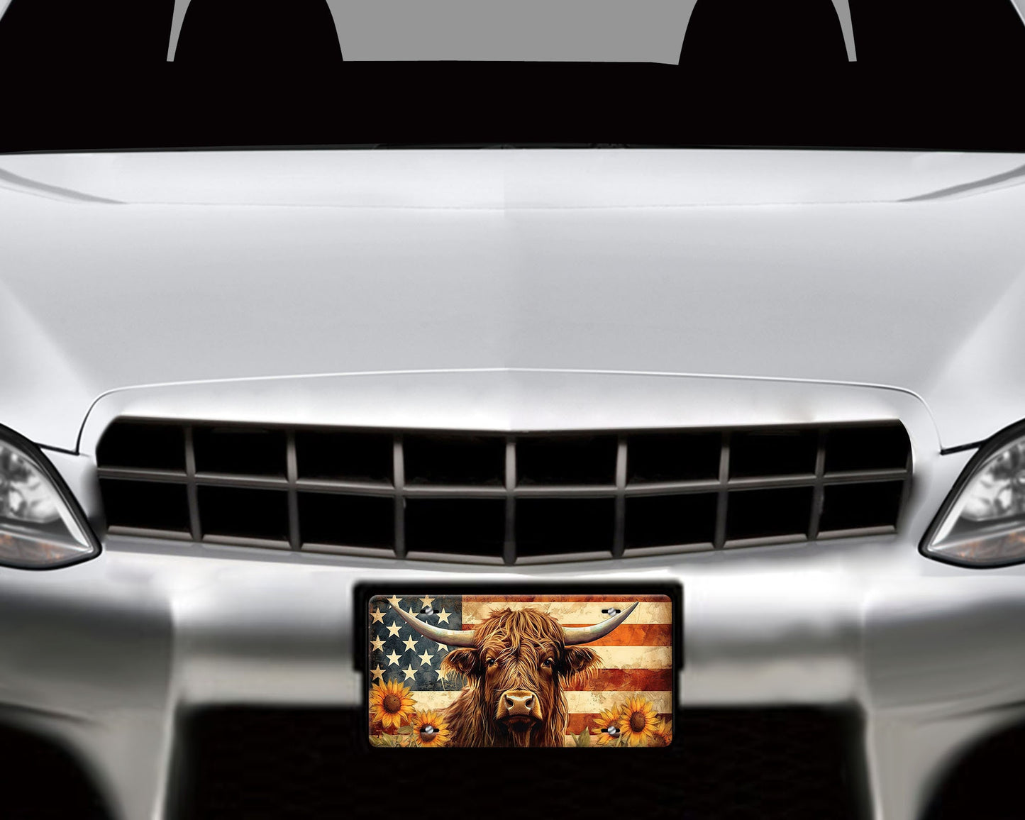 American Flag Highland Cow Vanity Front License Plate,  Aluminum License Plate Car Accessory Decorative Front Plate