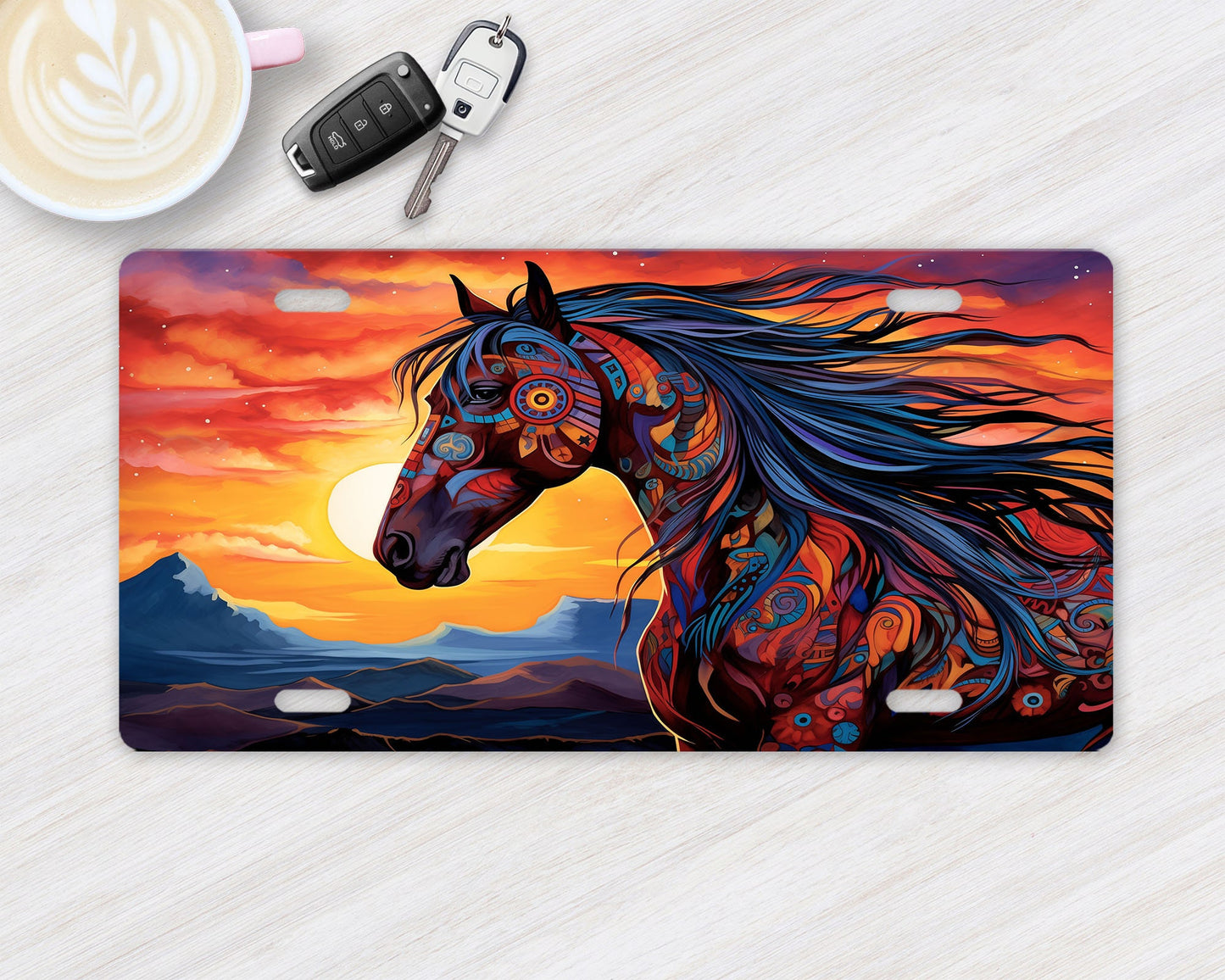 New Release, Painted Tribal Horse Vanity Front License Plate,  Aluminum License Plate Car Accessory Decorative Front Plate