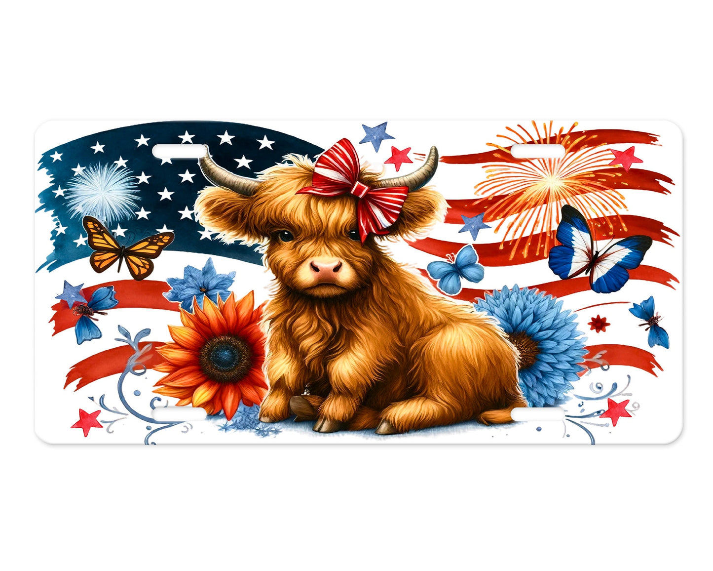 Patriotic Highland Cow Vanity Front License Plate,  Aluminum License Plate Car Accessory Decorative Front Plate