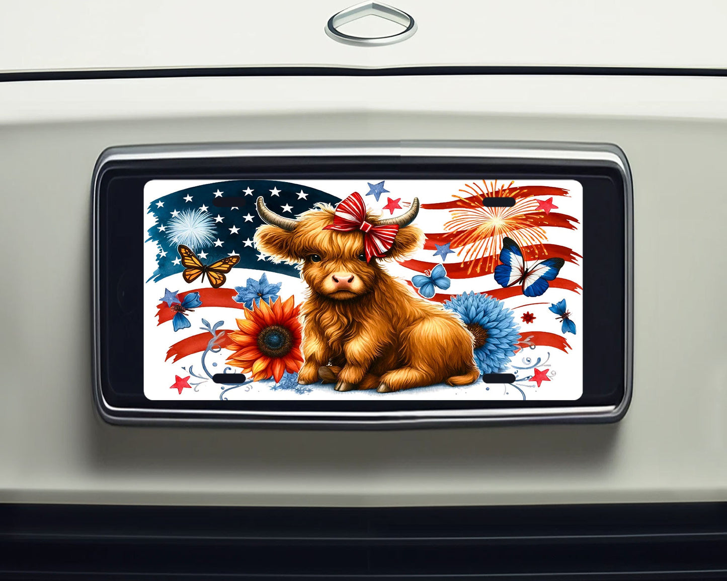 Patriotic Highland Cow Vanity Front License Plate,  Aluminum License Plate Car Accessory Decorative Front Plate