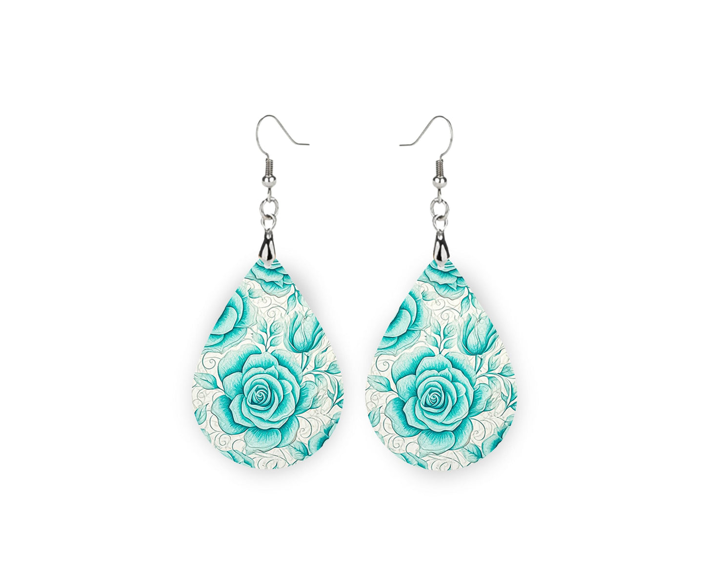 New Release Aqua Blue Roses Print Earrings Tear Drop Wood Dangle Earrings Hypoallergenic Jewelry