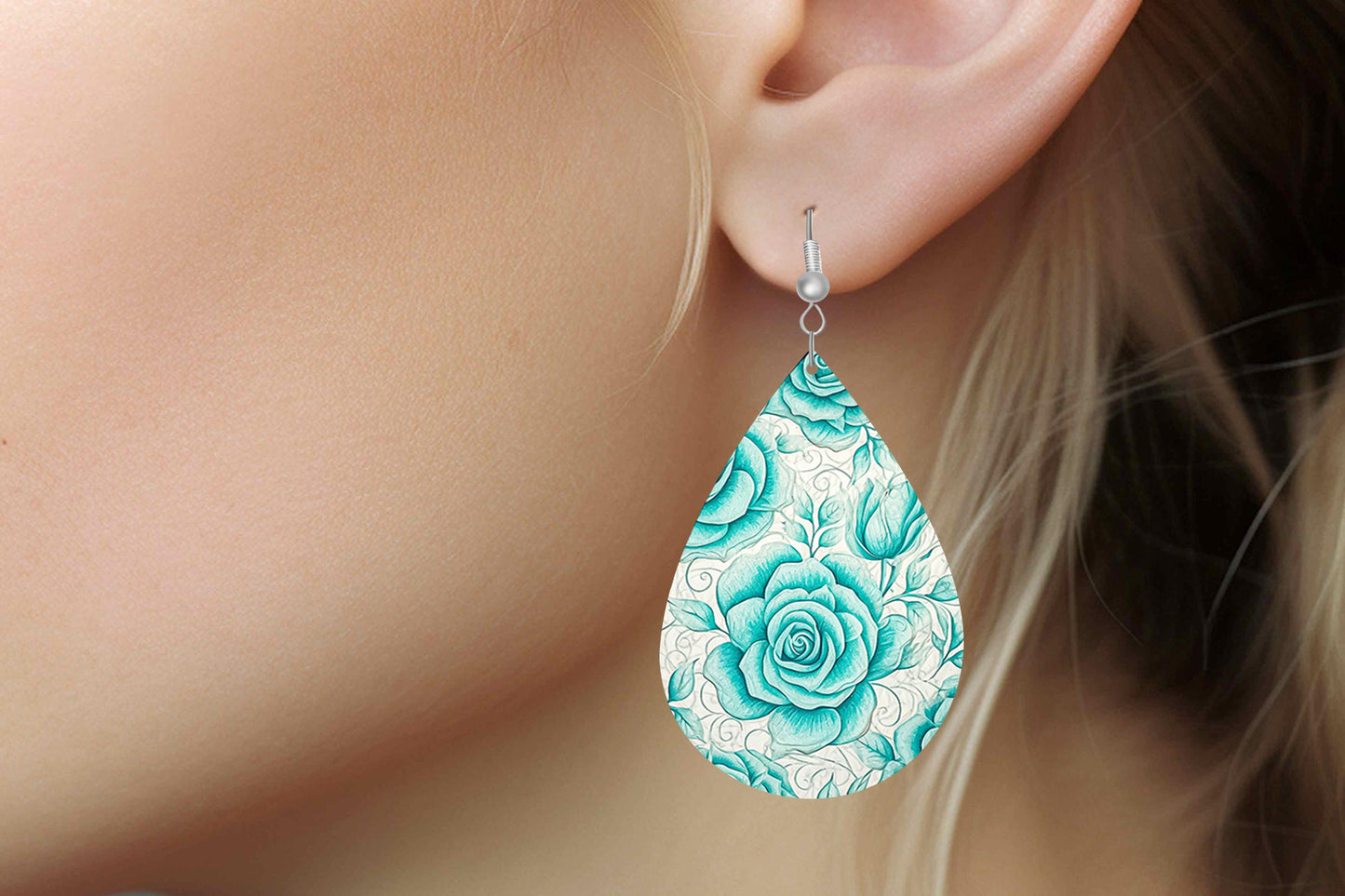 New Release Aqua Blue Roses Print Earrings Tear Drop Wood Dangle Earrings Hypoallergenic Jewelry