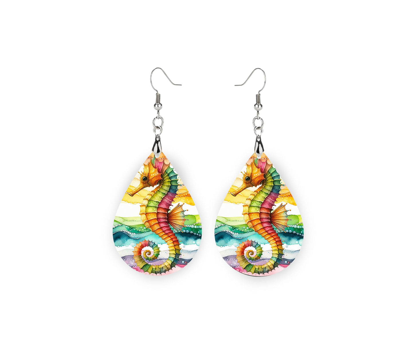 New Release Tropical Seahorse Print Earrings Print Tear Drop Wood Dangle Earrings Hypoallergenic Jewelry