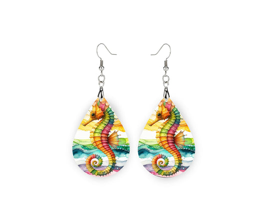 New Release Tropical Seahorse Print Earrings Print Tear Drop Wood Dangle Earrings Hypoallergenic Jewelry