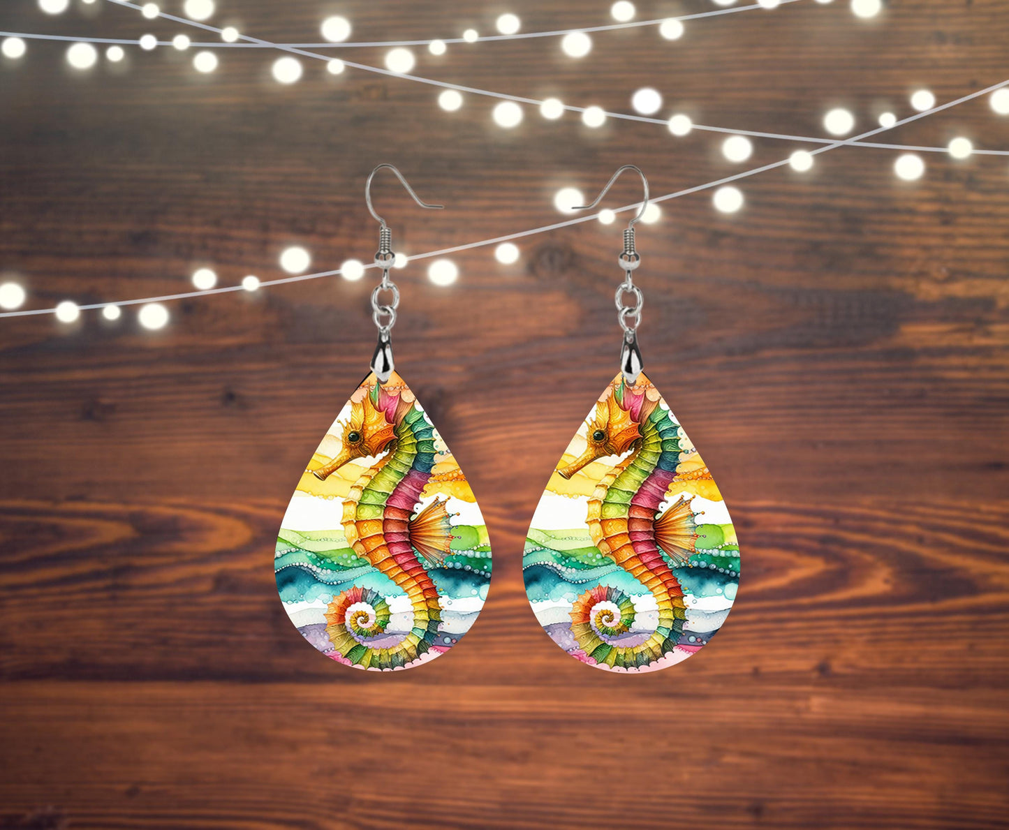 New Release Tropical Seahorse Print Earrings Print Tear Drop Wood Dangle Earrings Hypoallergenic Jewelry