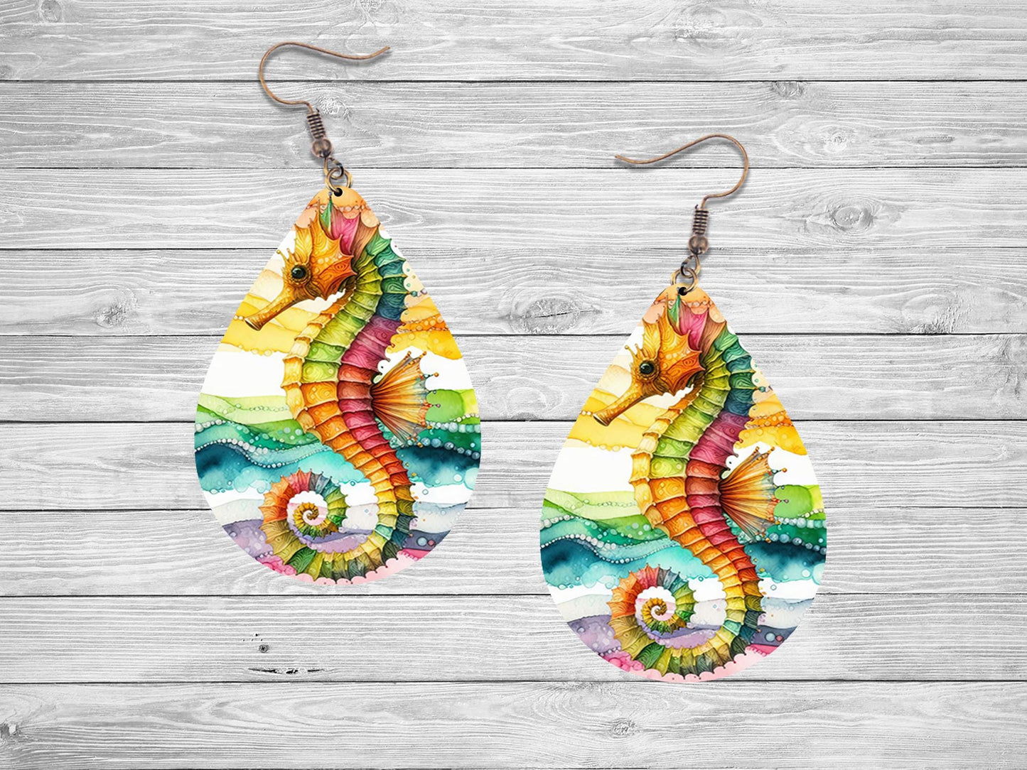 New Release Tropical Seahorse Print Earrings Print Tear Drop Wood Dangle Earrings Hypoallergenic Jewelry