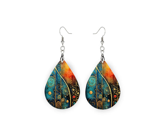 New Release Ethereal Jewel Tone Print Earrings Print Tear Drop Wood Dangle Earrings Hypoallergenic Jewelry