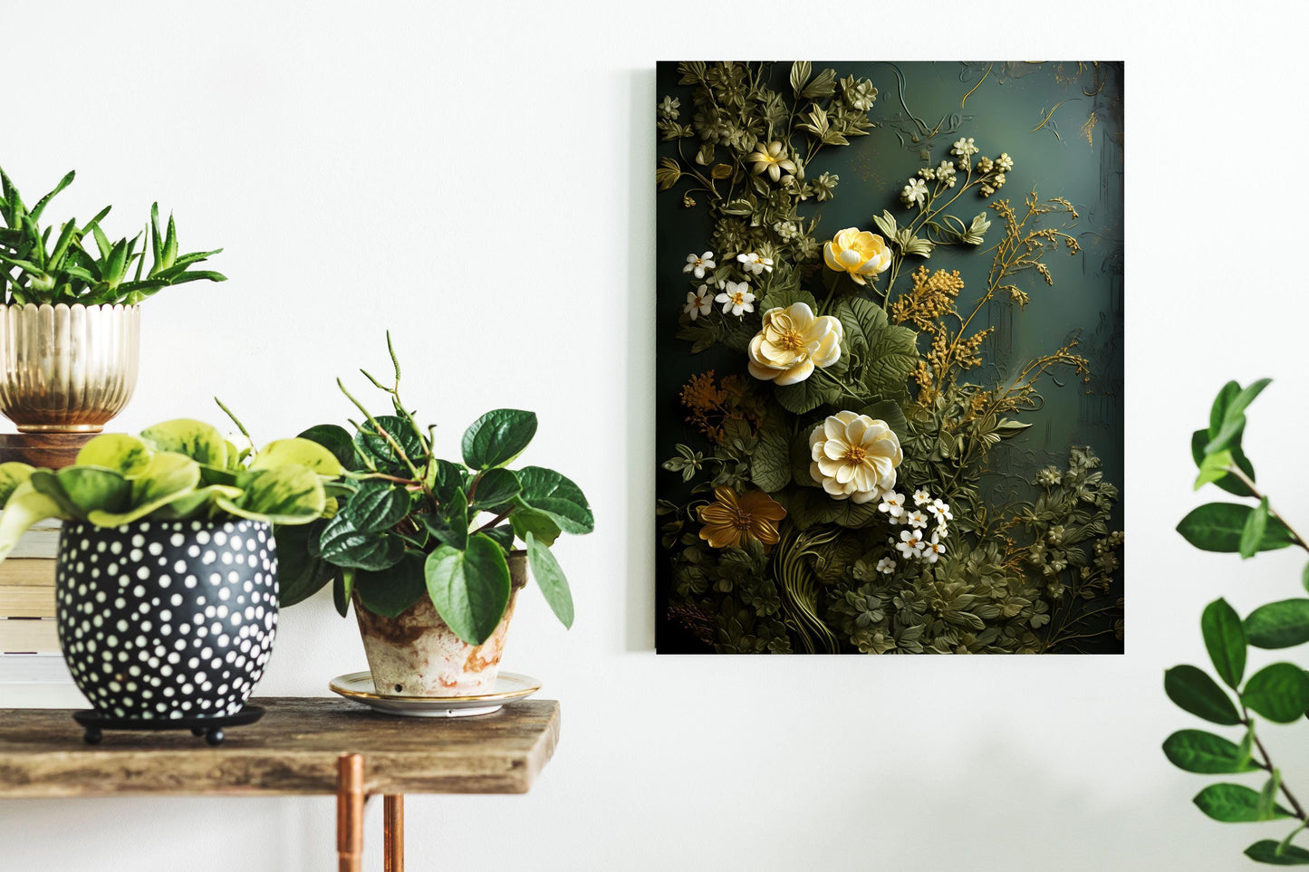 New Release, 11x14 Moss Green and Cream Floral Wall Art Canvas Print