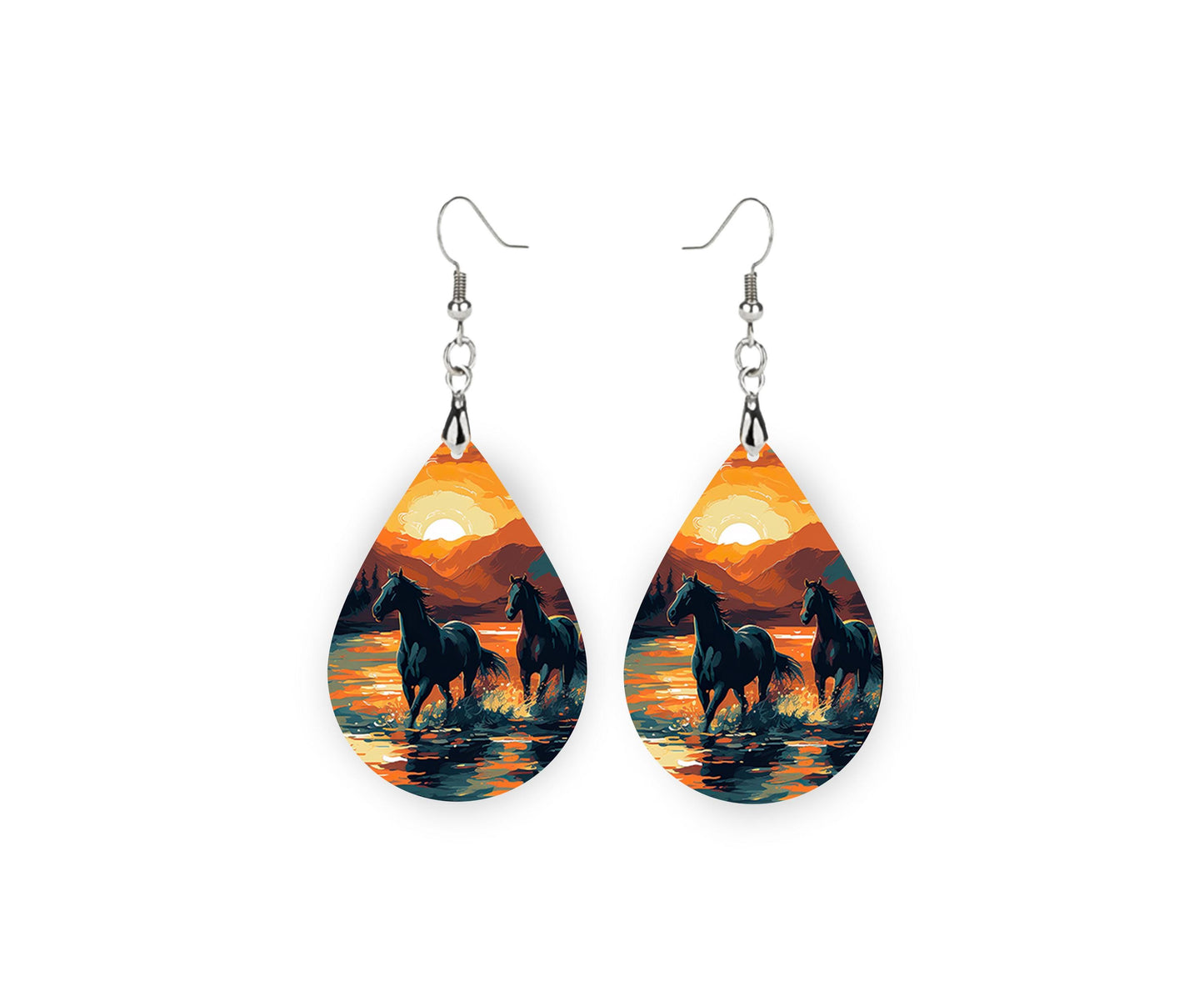 New Release Sunset Horses Print Earrings Print Tear Drop Wood Dangle Earrings Hypoallergenic Jewelry