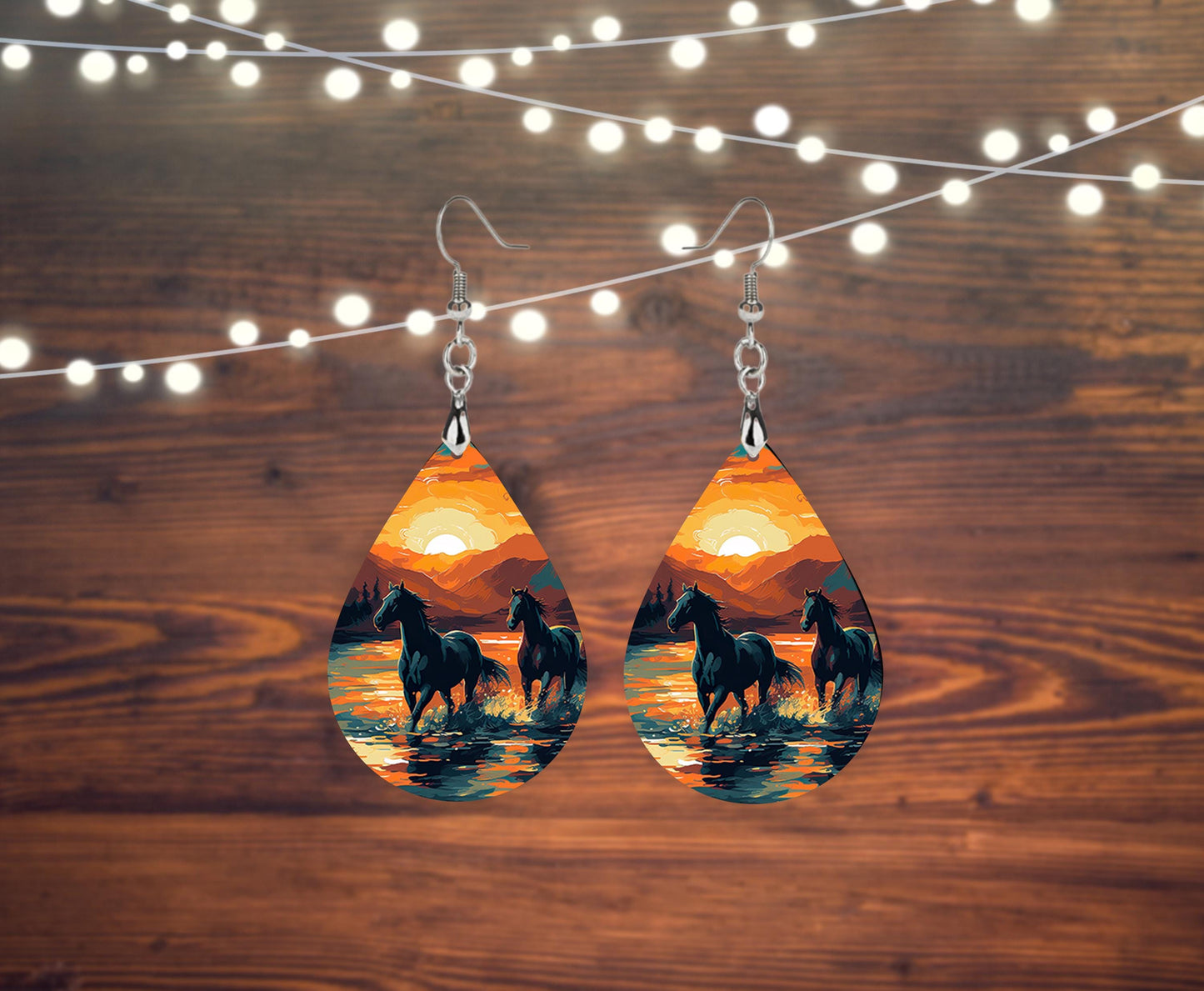 New Release Sunset Horses Print Earrings Print Tear Drop Wood Dangle Earrings Hypoallergenic Jewelry