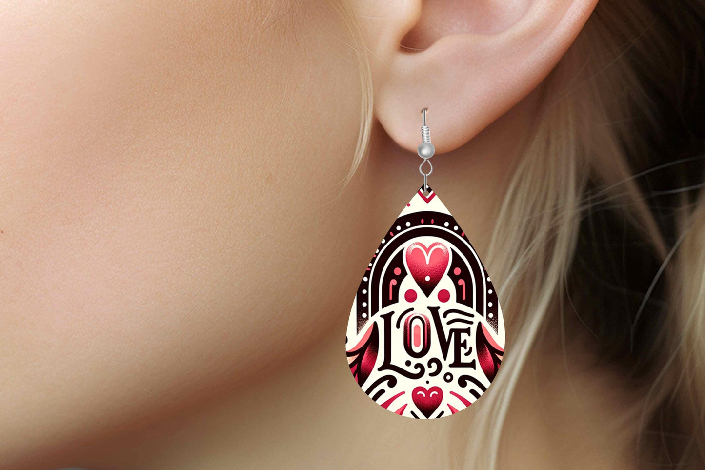 New Release Valentine Love Print Earrings Print Tear Drop Wood Dangle Earrings Hypoallergenic Jewelry