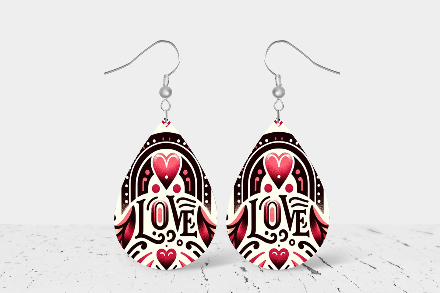 New Release Valentine Love Print Earrings Print Tear Drop Wood Dangle Earrings Hypoallergenic Jewelry