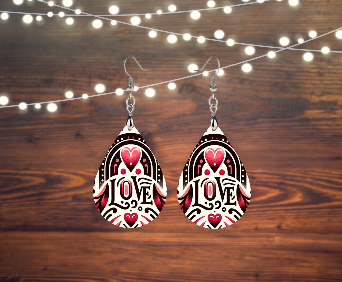 New Release Valentine Love Print Earrings Print Tear Drop Wood Dangle Earrings Hypoallergenic Jewelry