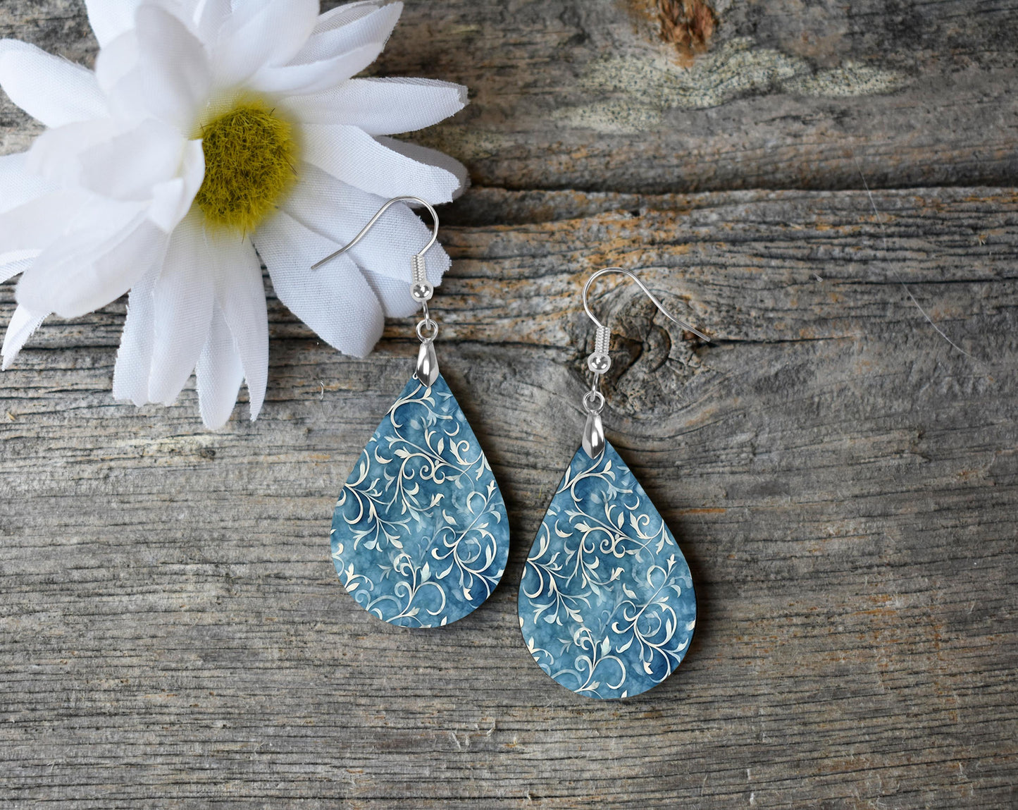 New Release Denim Vines Print Earrings Print Tear Drop Wood Dangle Earrings Hypoallergenic Jewelry