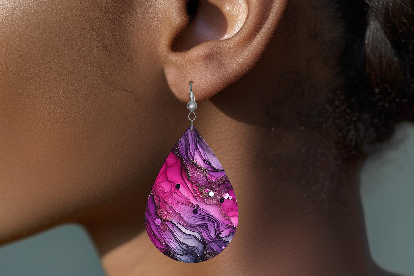 New Release Magenta and Purple Ink Print Earrings Print Tear Drop Wood Dangle Earrings Hypoallergenic Jewelry