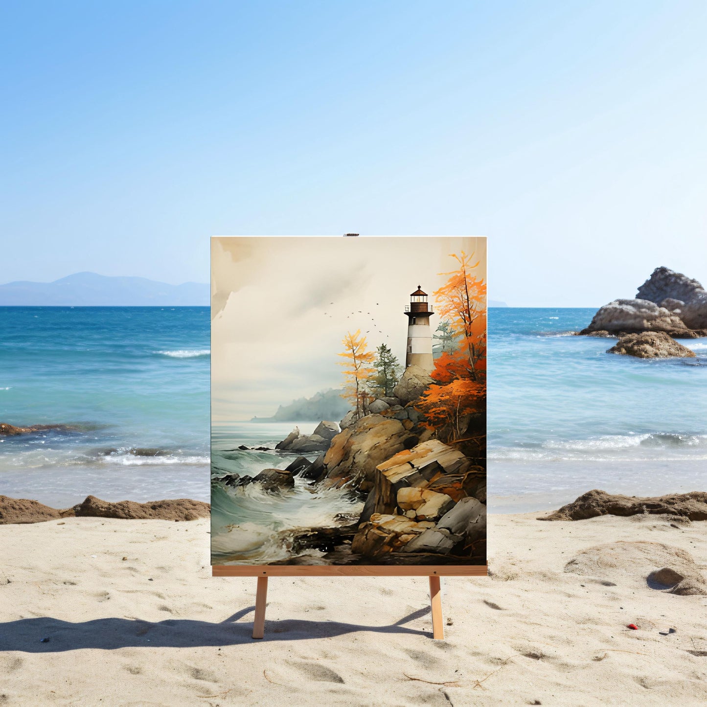 16x20 Lighthouse on the Rocks Coastal Wall Art Canvas Print