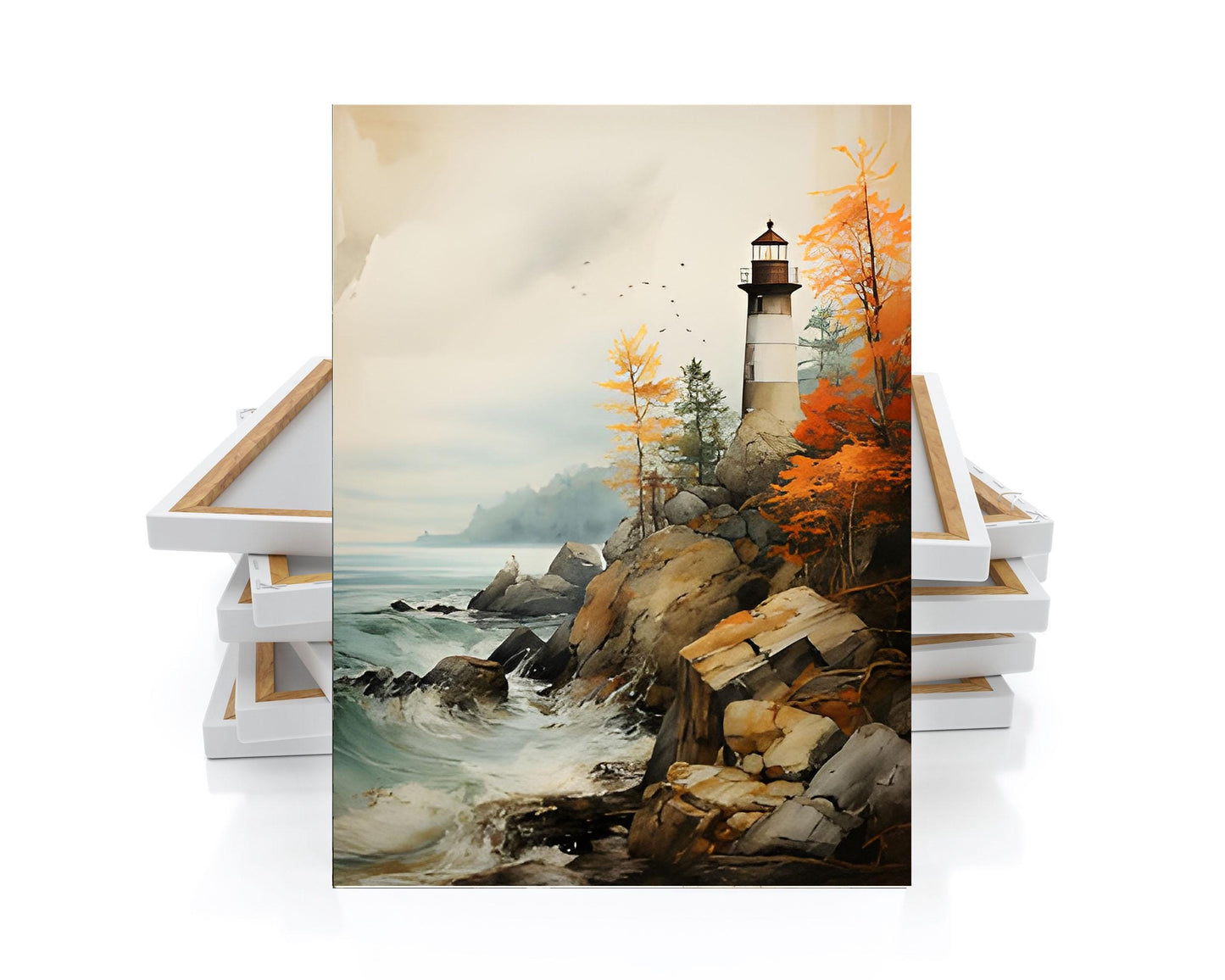 16x20 Lighthouse on the Rocks Coastal Wall Art Canvas Print