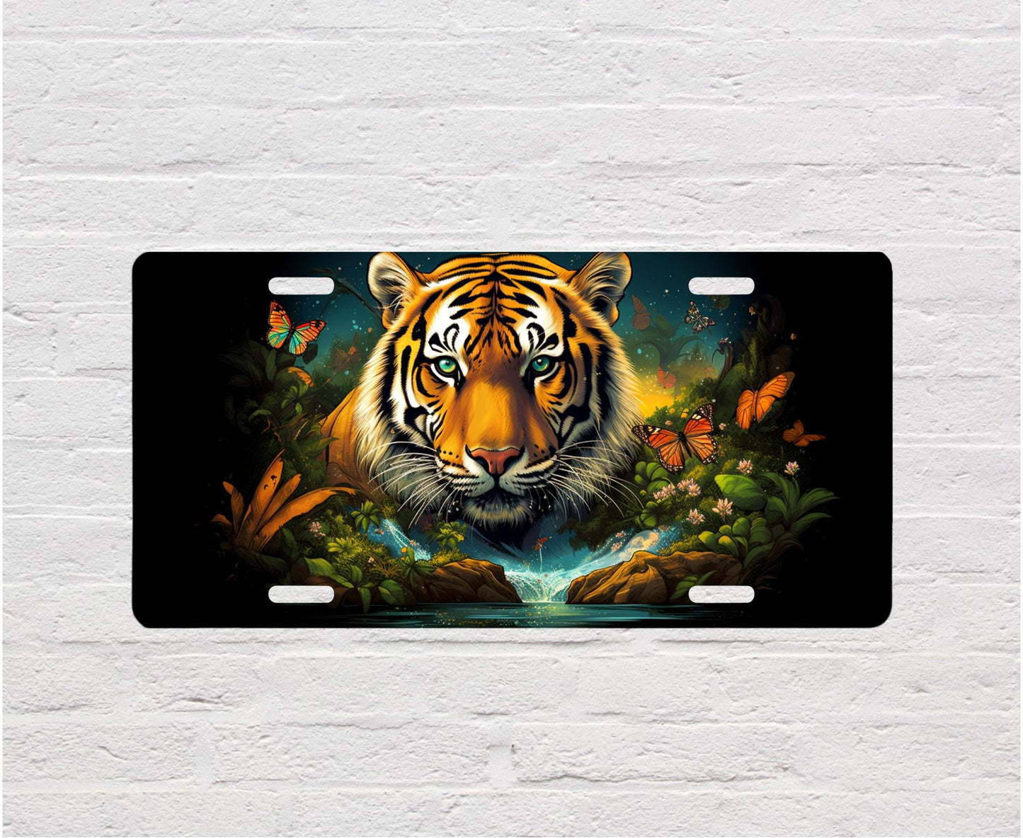 New Release, Tiger and Butterfly Vanity Decorative Front License Plate Cute Car License Plate Aluminum Metal Plate