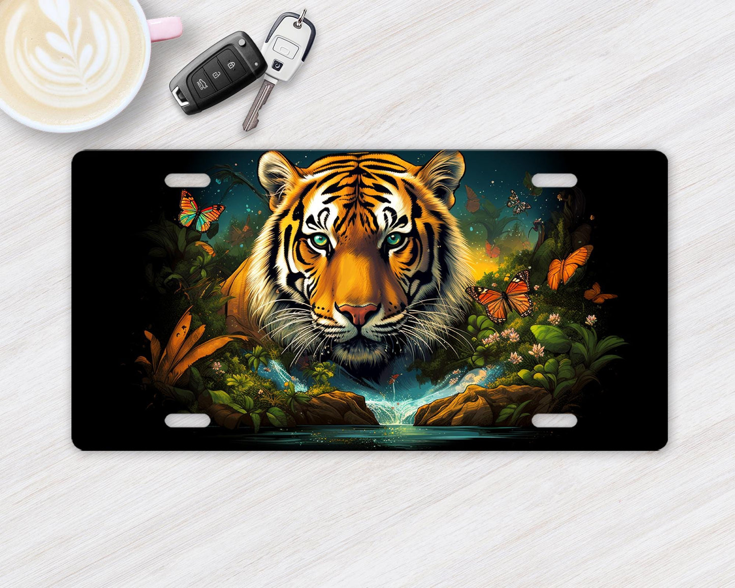 New Release, Tiger and Butterfly Vanity Decorative Front License Plate Cute Car License Plate Aluminum Metal Plate