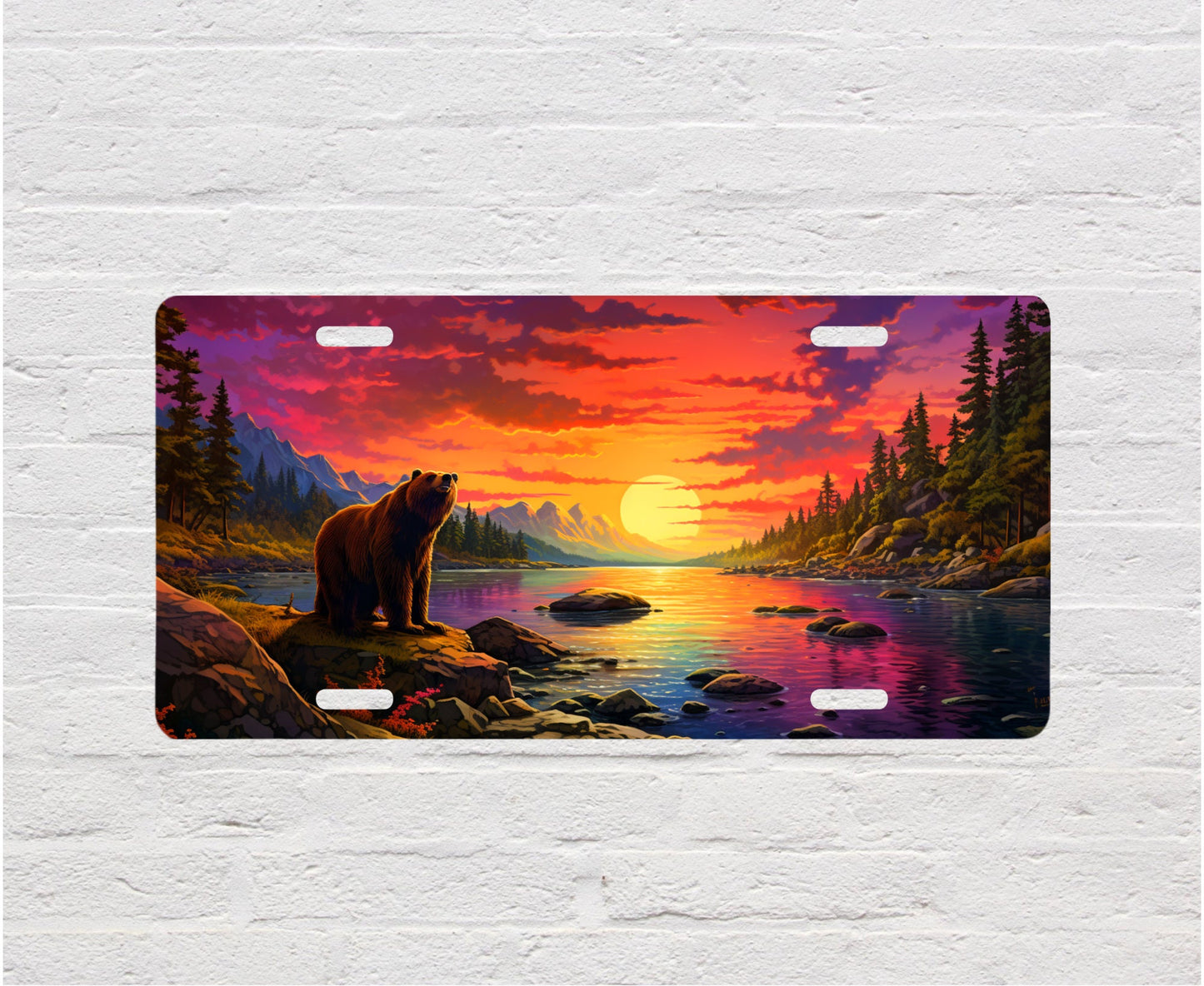 Vanity Front License Plate, Bear at Sunset River Aluminum License Plate Car Accessory Front Plate