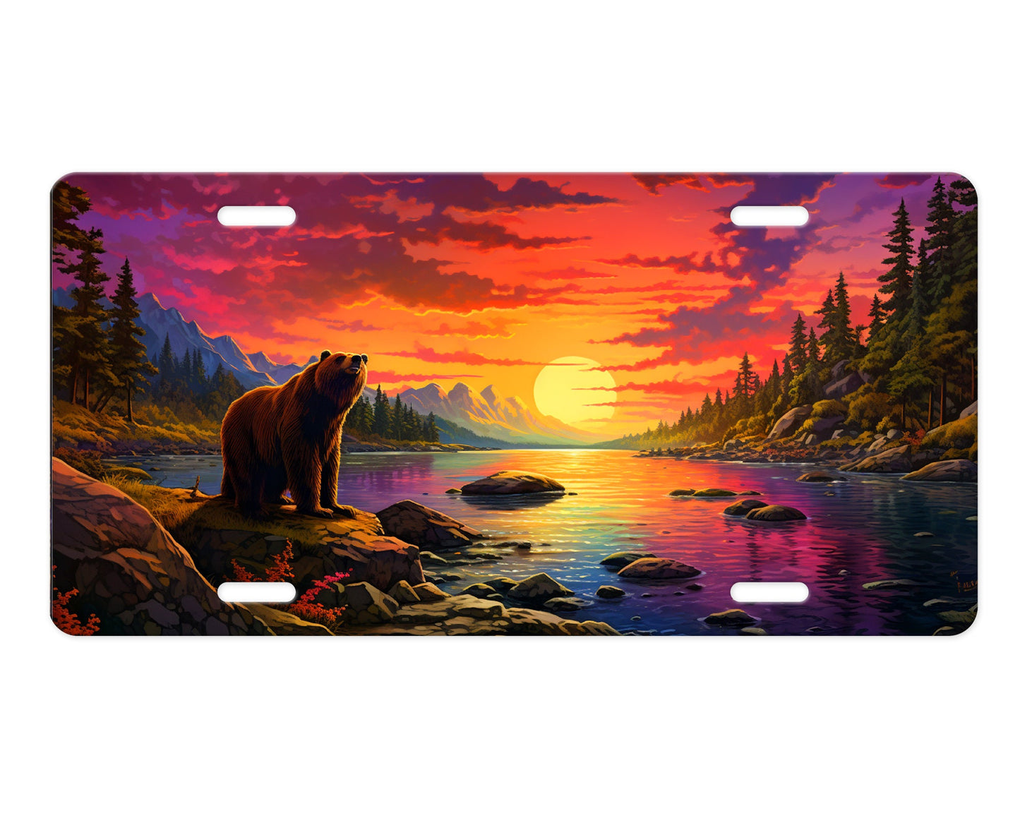 Vanity Front License Plate, Bear at Sunset River Aluminum License Plate Car Accessory Front Plate