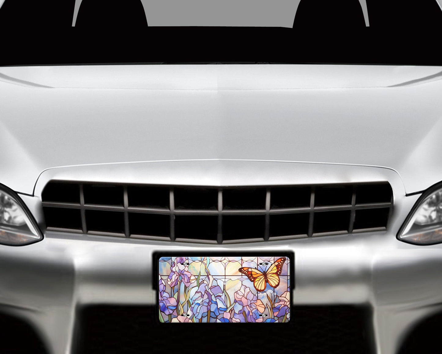 Vanity Front License Plate, Yellow Stain Glass Butterfly Aluminum License Plate Car Accessory Front Plate