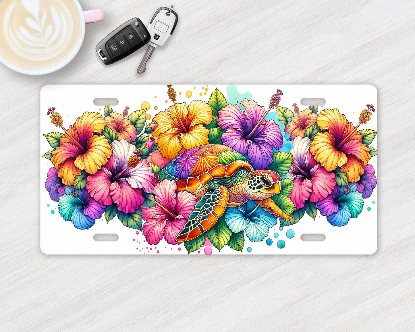 Vanity Front License Plate, Tropical Flowers and Sea Turtles Aluminum License Plate Car Accessory Front Plate