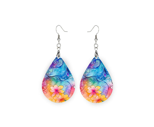 New Release Floral Swirl Print Earrings Tear Drop Wood Dangle Earrings Hypoallergenic Jewelry