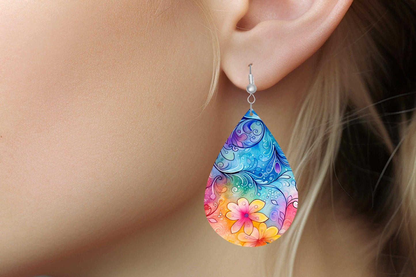 New Release Floral Swirl Print Earrings Tear Drop Wood Dangle Earrings Hypoallergenic Jewelry