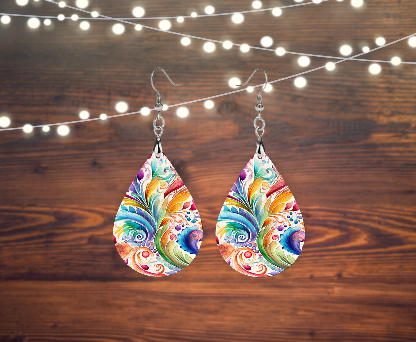 New Release Folk Art Paisley Print Earrings Tear Drop Wood Dangle Earrings Hypoallergenic Jewelry