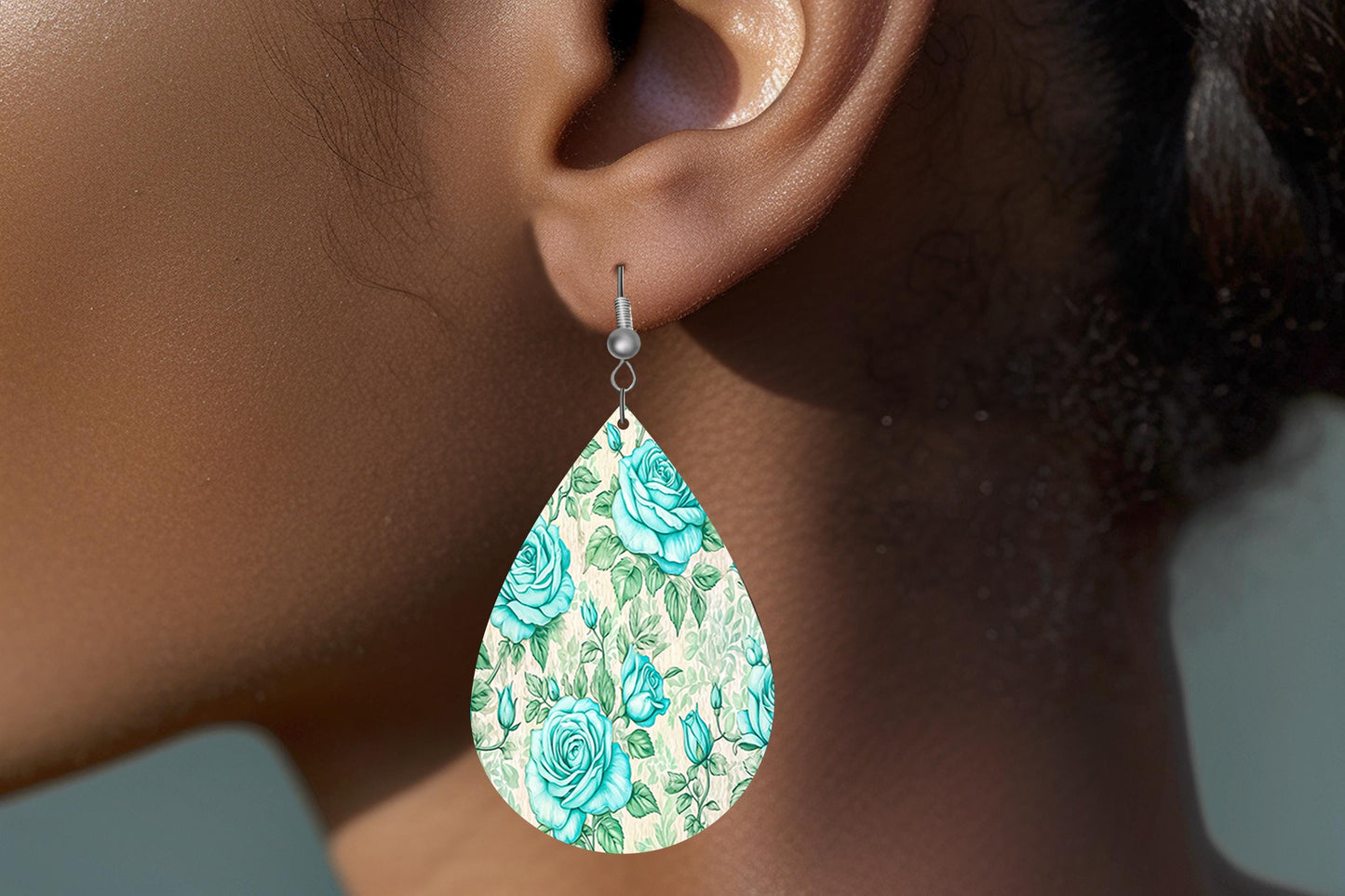 New Release Aqua Roses Print Earrings Tear Drop Wood Dangle Earrings Hypoallergenic Jewelry