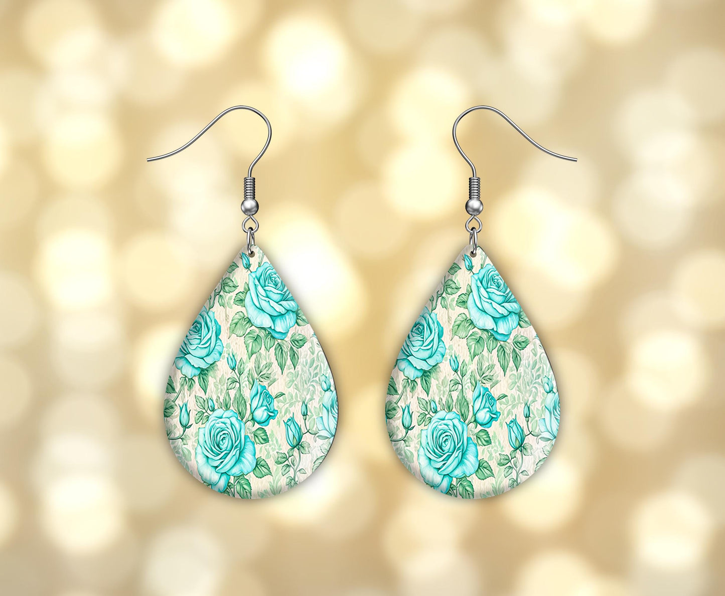 New Release Aqua Roses Print Earrings Tear Drop Wood Dangle Earrings Hypoallergenic Jewelry