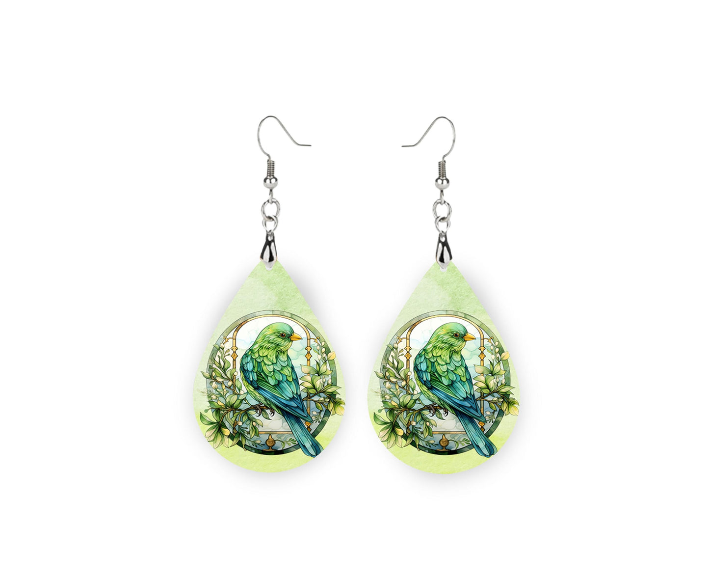 New Release Green Birds Print Earrings Tear Drop Wood Dangle Earrings Hypoallergenic Jewelry