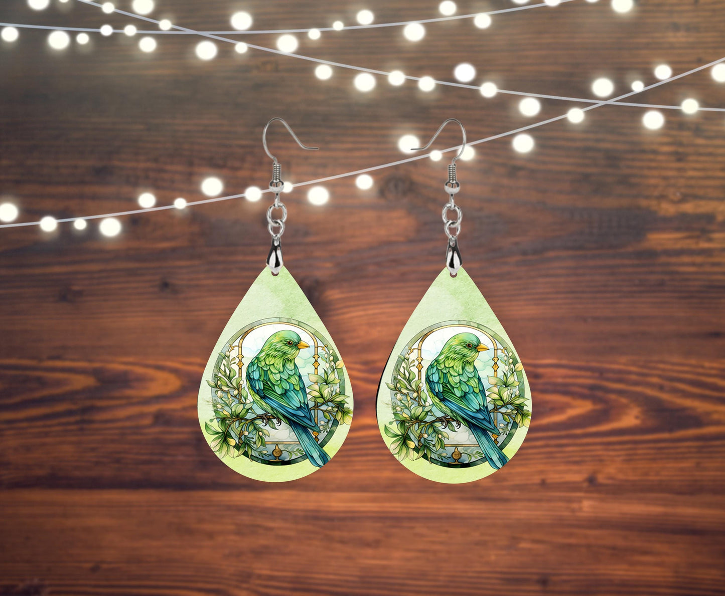 New Release Green Birds Print Earrings Tear Drop Wood Dangle Earrings Hypoallergenic Jewelry