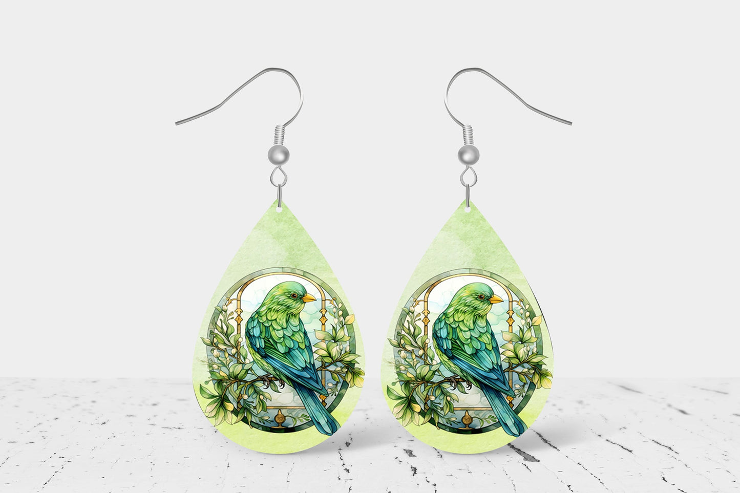 New Release Green Birds Print Earrings Tear Drop Wood Dangle Earrings Hypoallergenic Jewelry