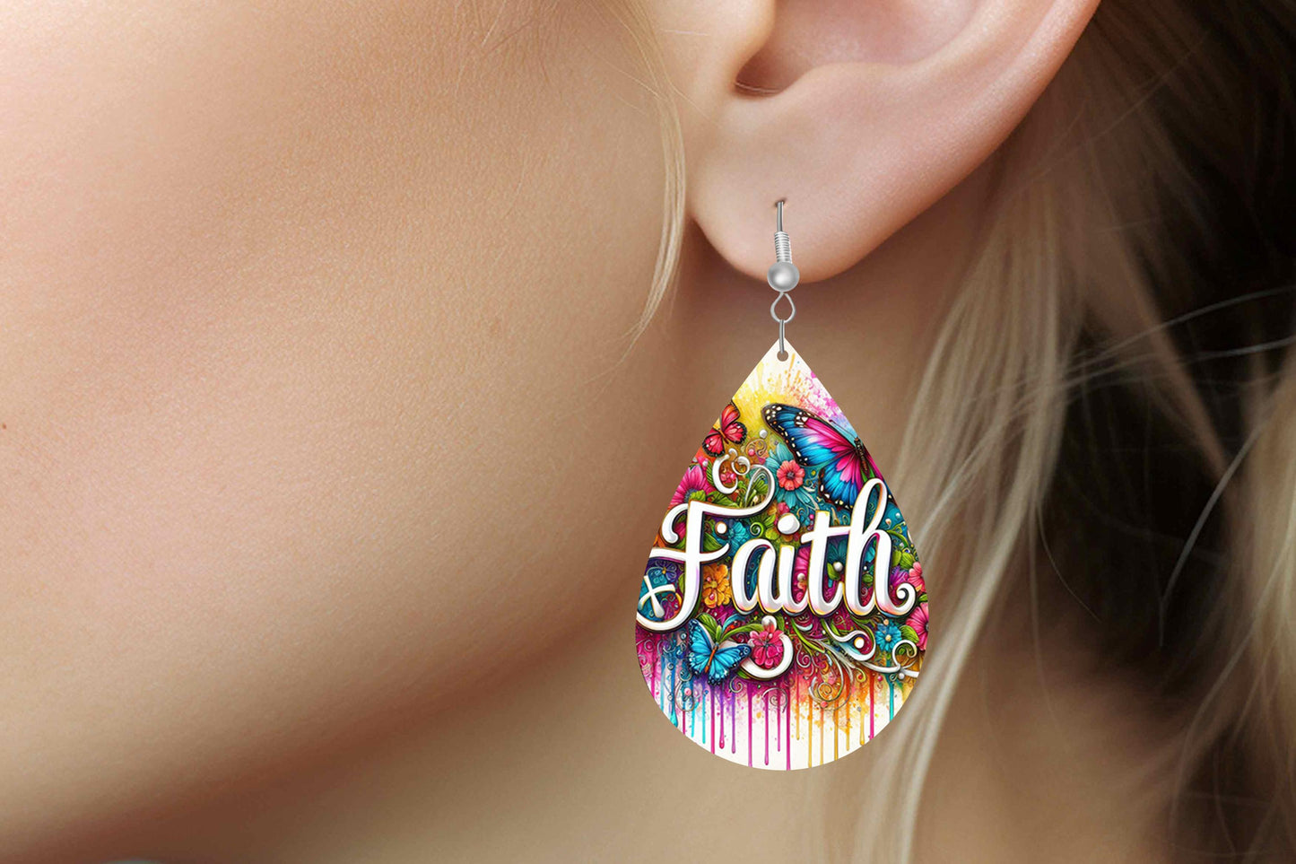 New Release Faith Print Earrings, Teardrop Dangle Printed Earrings Jewelry Handmade