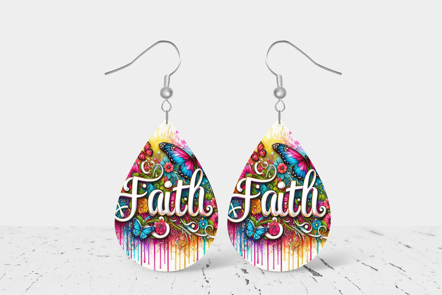 New Release Faith Print Earrings, Teardrop Dangle Printed Earrings Jewelry Handmade