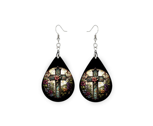 New Release Floral Cross Print Earrings, Teardrop Dangle Printed Earrings Jewelry Handmade