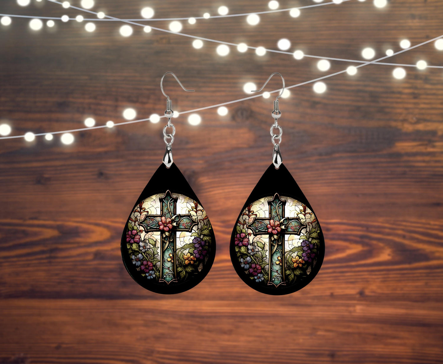 New Release Floral Cross Print Earrings, Teardrop Dangle Printed Earrings Jewelry Handmade