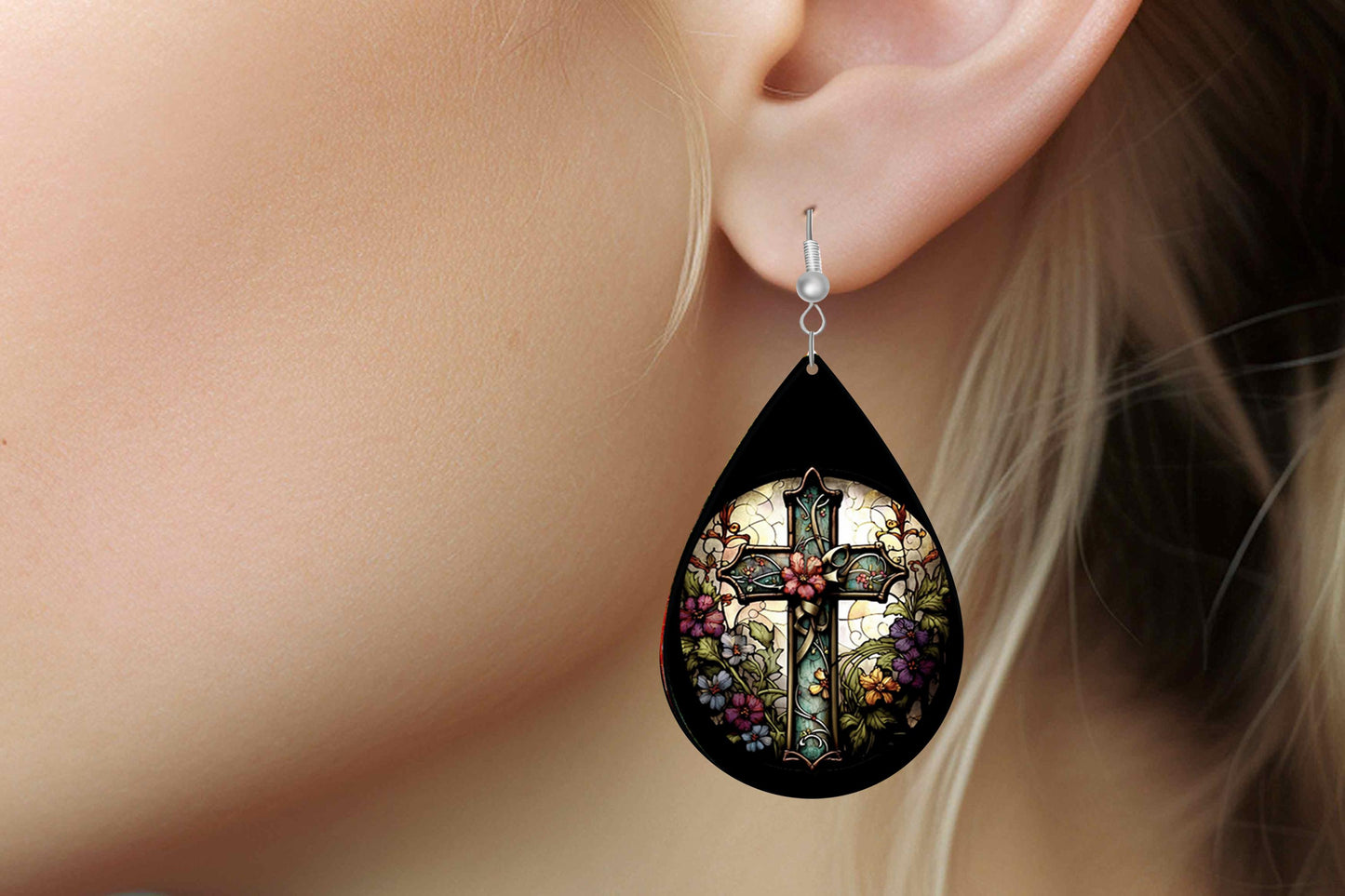 New Release Floral Cross Print Earrings, Teardrop Dangle Printed Earrings Jewelry Handmade