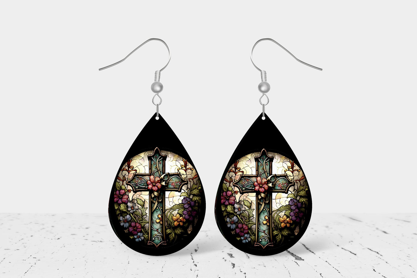 New Release Floral Cross Print Earrings, Teardrop Dangle Printed Earrings Jewelry Handmade