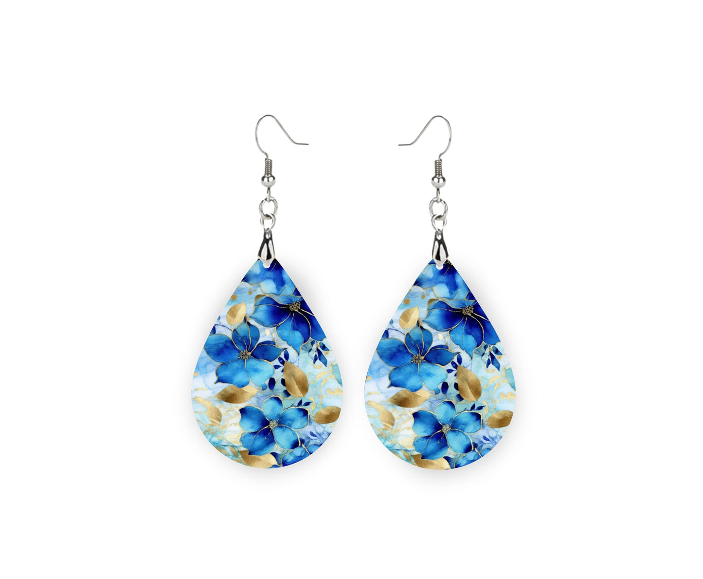 New Release Gilded Blue Floral Print Earrings, Teardrop Dangle Printed Earrings Jewelry Handmade