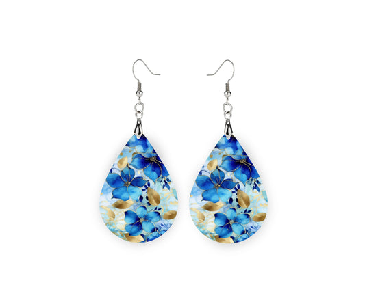 New Release Gilded Blue Floral Print Earrings, Teardrop Dangle Printed Earrings Jewelry Handmade