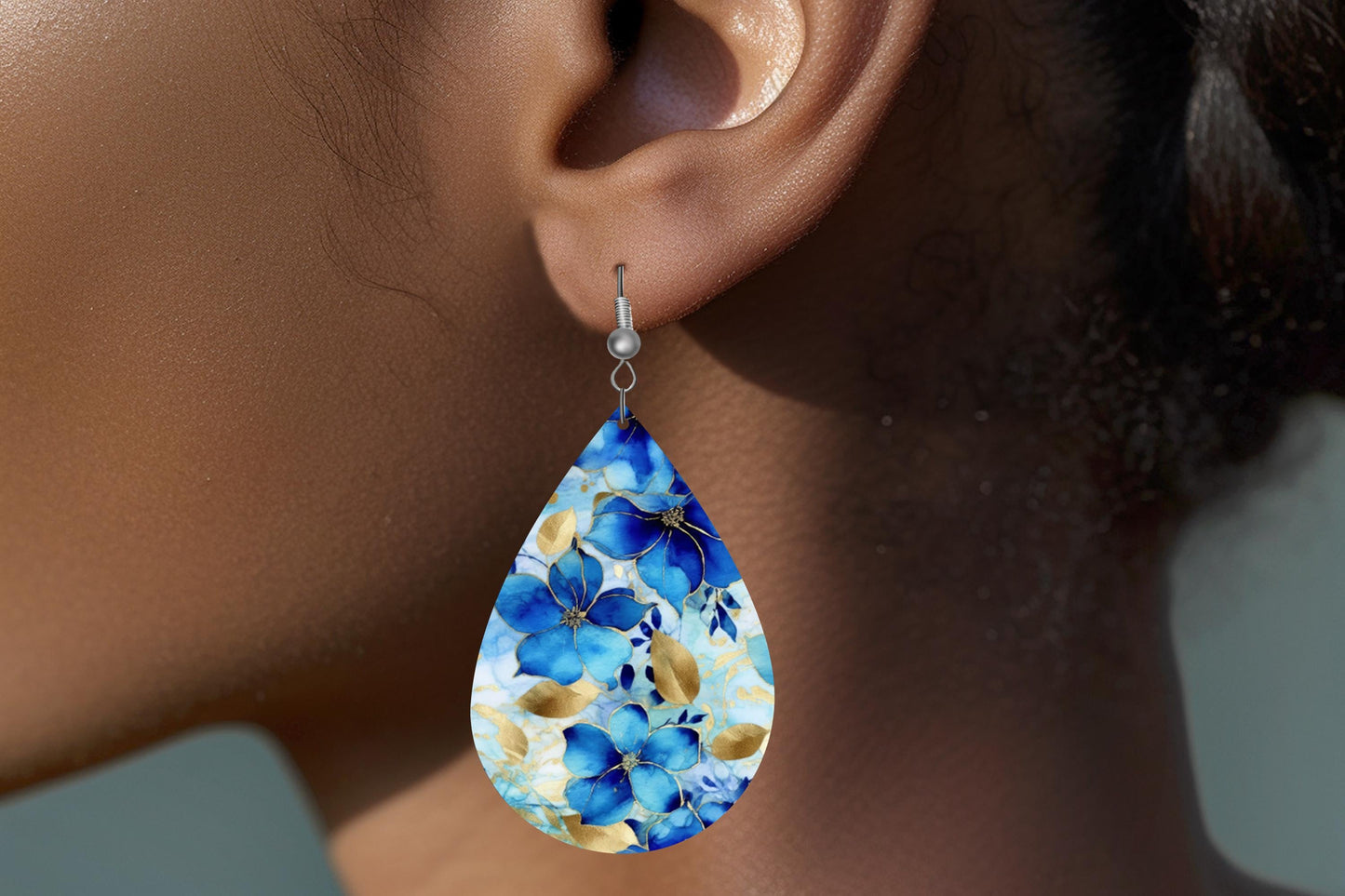 New Release Gilded Blue Floral Print Earrings, Teardrop Dangle Printed Earrings Jewelry Handmade