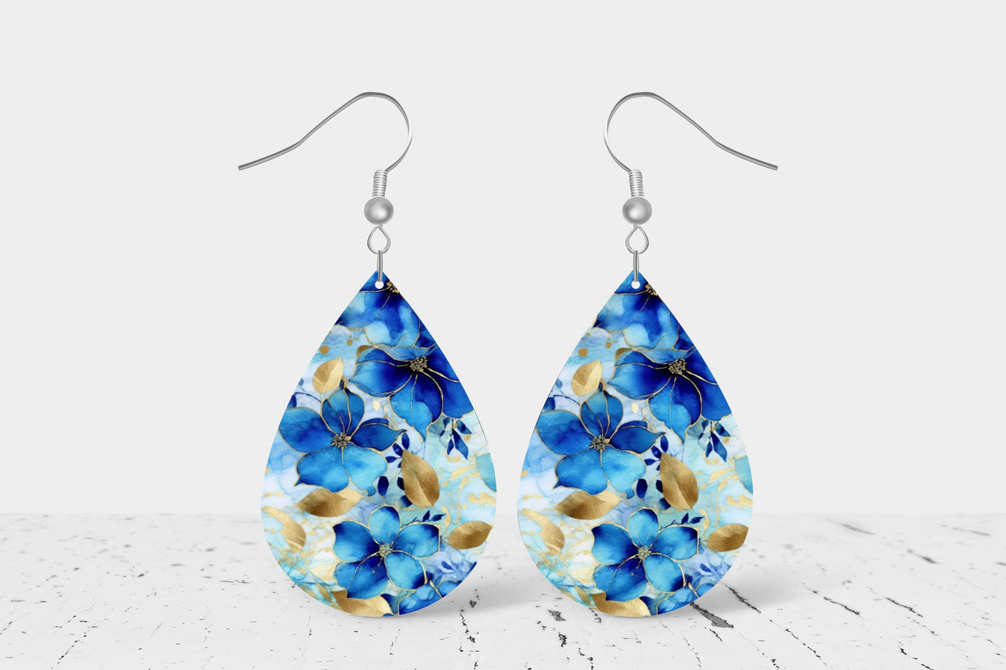 New Release Gilded Blue Floral Print Earrings, Teardrop Dangle Printed Earrings Jewelry Handmade