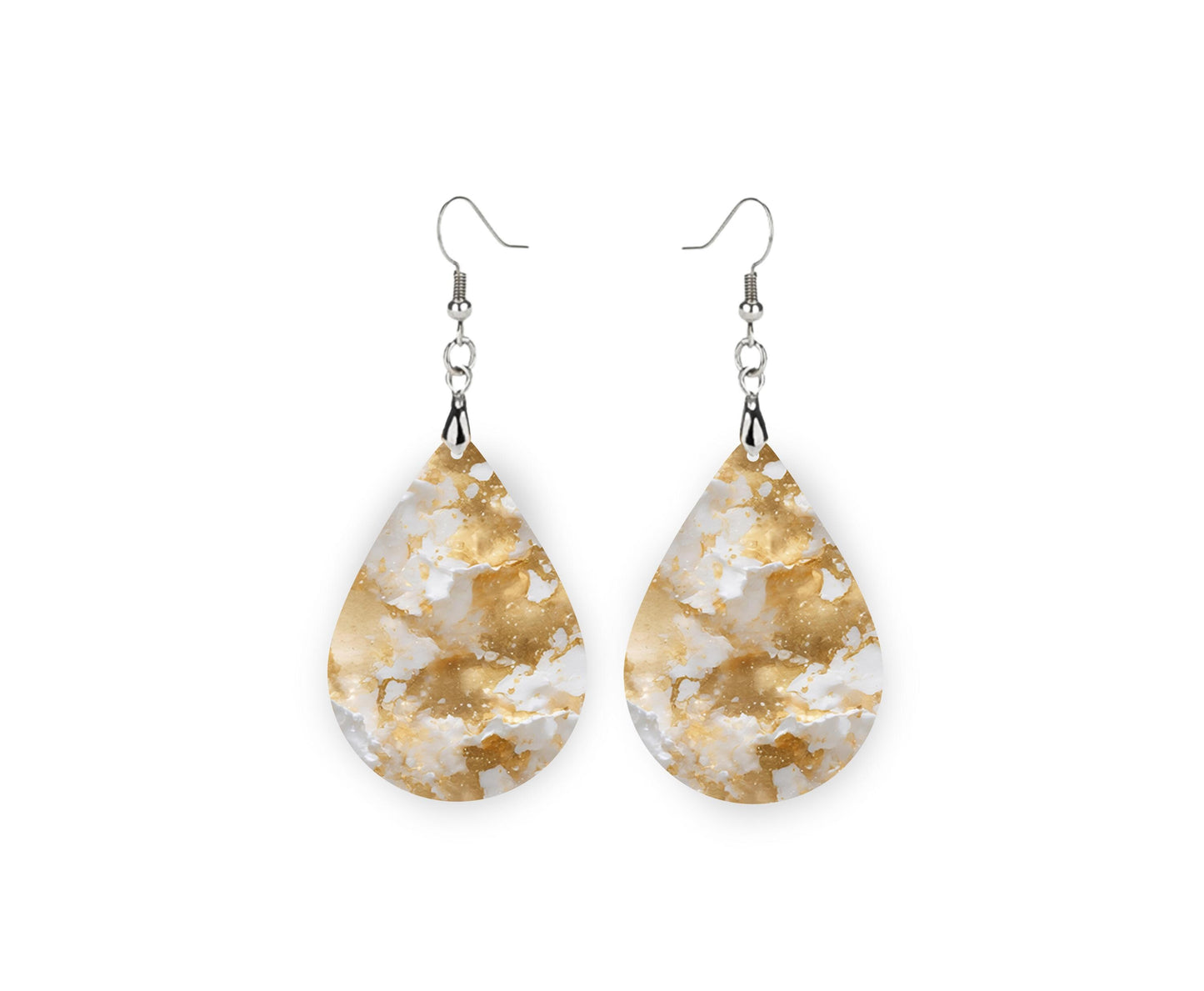 New Release Gold and White Marble Print Earrings, Teardrop Dangle Printed Earrings Jewelry Handmade