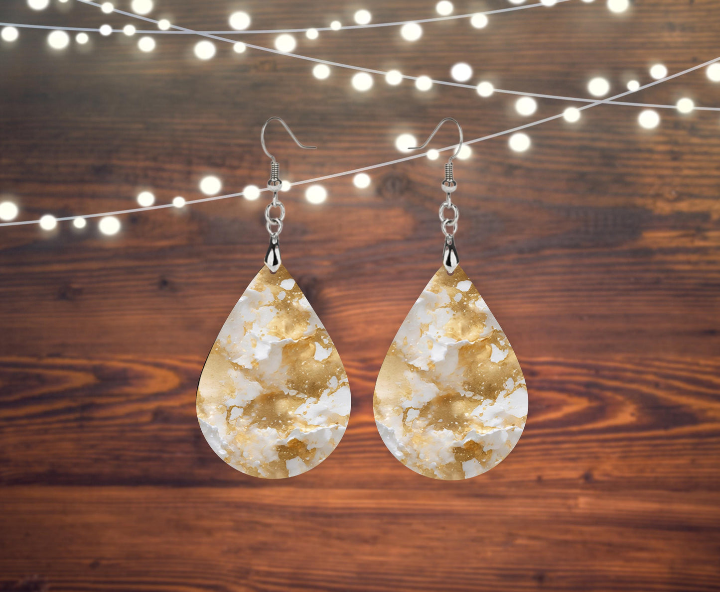 New Release Gold and White Marble Print Earrings, Teardrop Dangle Printed Earrings Jewelry Handmade